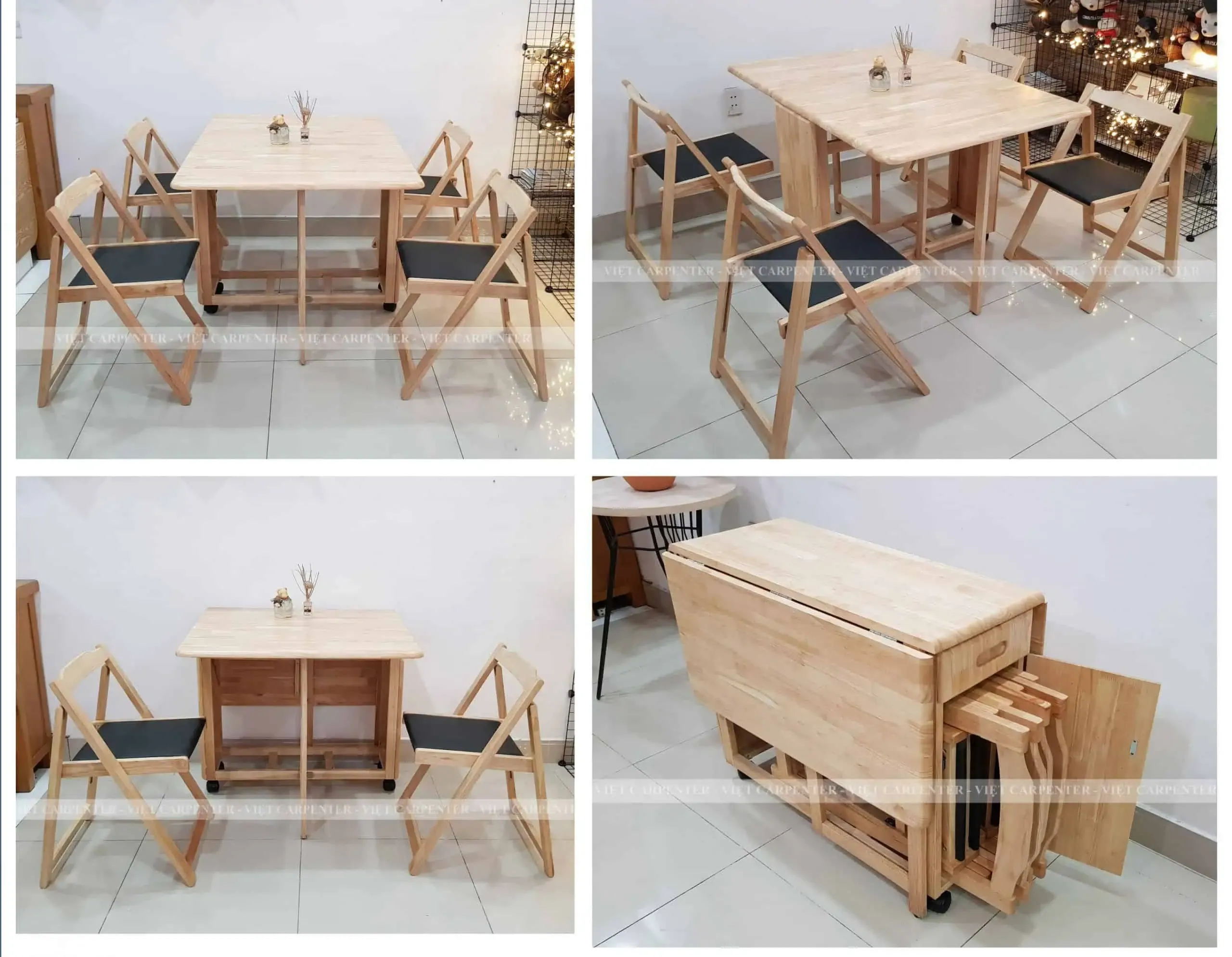 Bàn ăn thông minh 4 đến 6 người ngồi thiết kế có bánh xe và ghế ngồi được bọc nệm