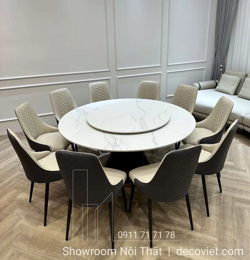 Cận cảnh mặt bàn ăn tròn 10 ghế mặt đá với chân trụ vững chắc