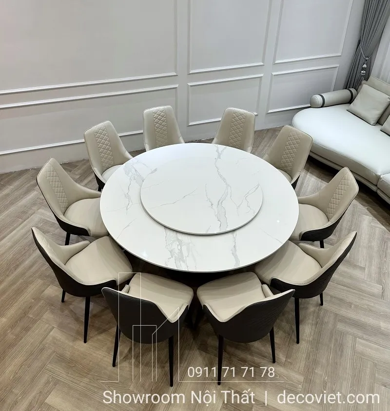 Bộ bàn ăn tròn 10 ghế mặt đá 1m5 tông màu hiện đại