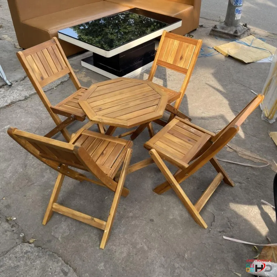 Bộ bàn ghế gỗ xếp cafe thanh lý mặt bàn lục giác độc đáo