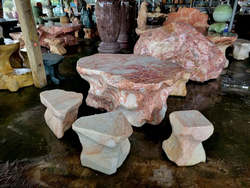 Bàn ghế đá cẩm thạch (đá marble) vân hồng tự nhiên