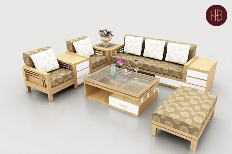 Mẫu bàn ghế phòng khách làm từ gỗ công nghiệp với bề mặt phủ laminate màu sáng