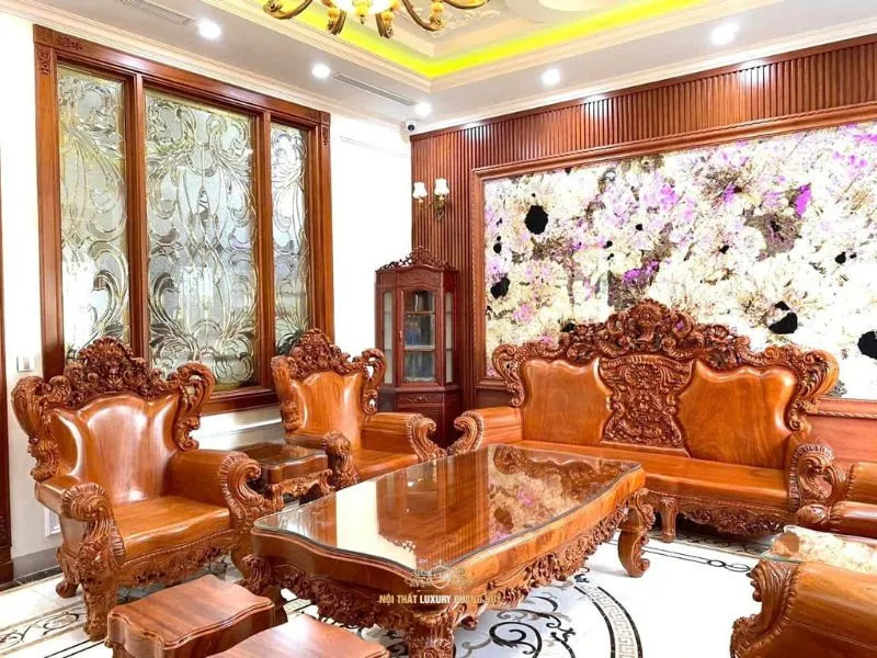 bộ bàn ghế gỗ gõ đỏ nguyên khối hoa hồng 6 món