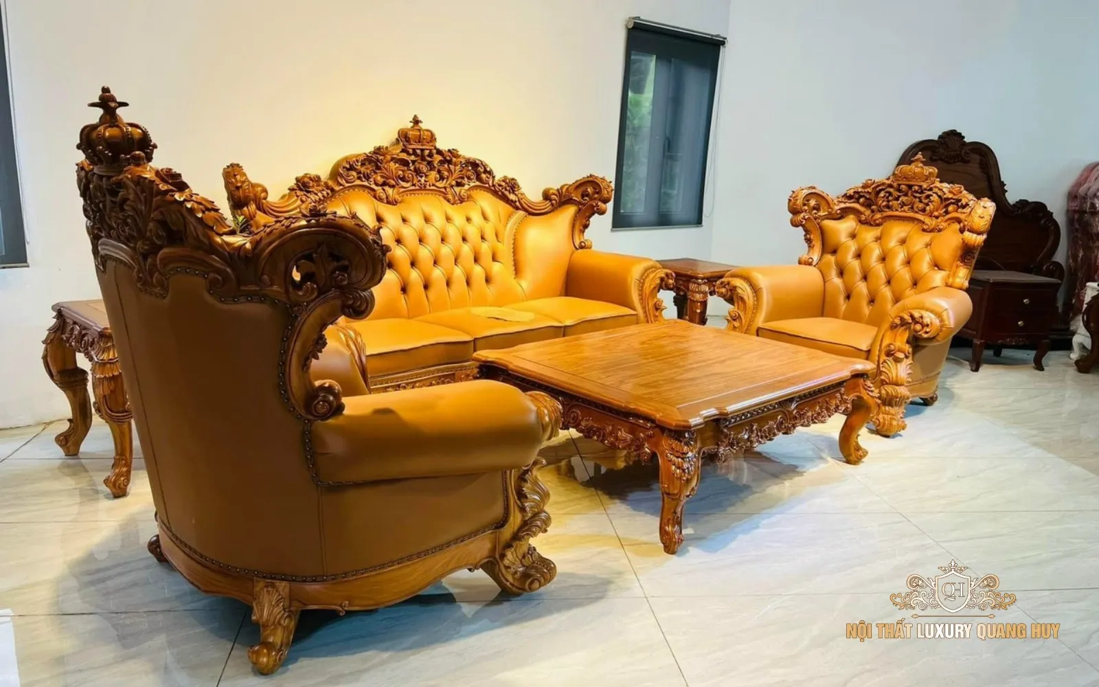 Bộ bàn ghế gỗ cao cấp 6 món gỗ gõ đỏ kết hợp đệm da cao cấp