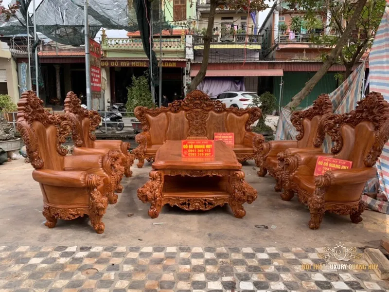 Tổng thể bộ bàn ghế gỗ phòng khách mẫu hoa hồng