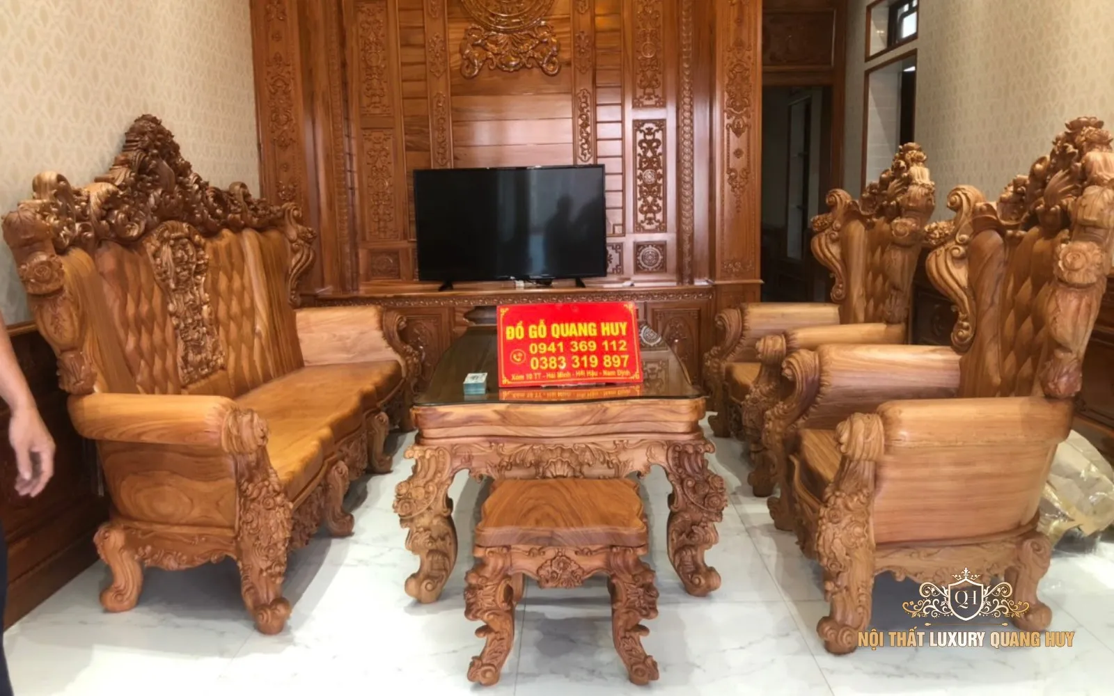 Bộ bàn ghế gỗ cao cấp 6 món với họa tiết hoa hồng cổ điển