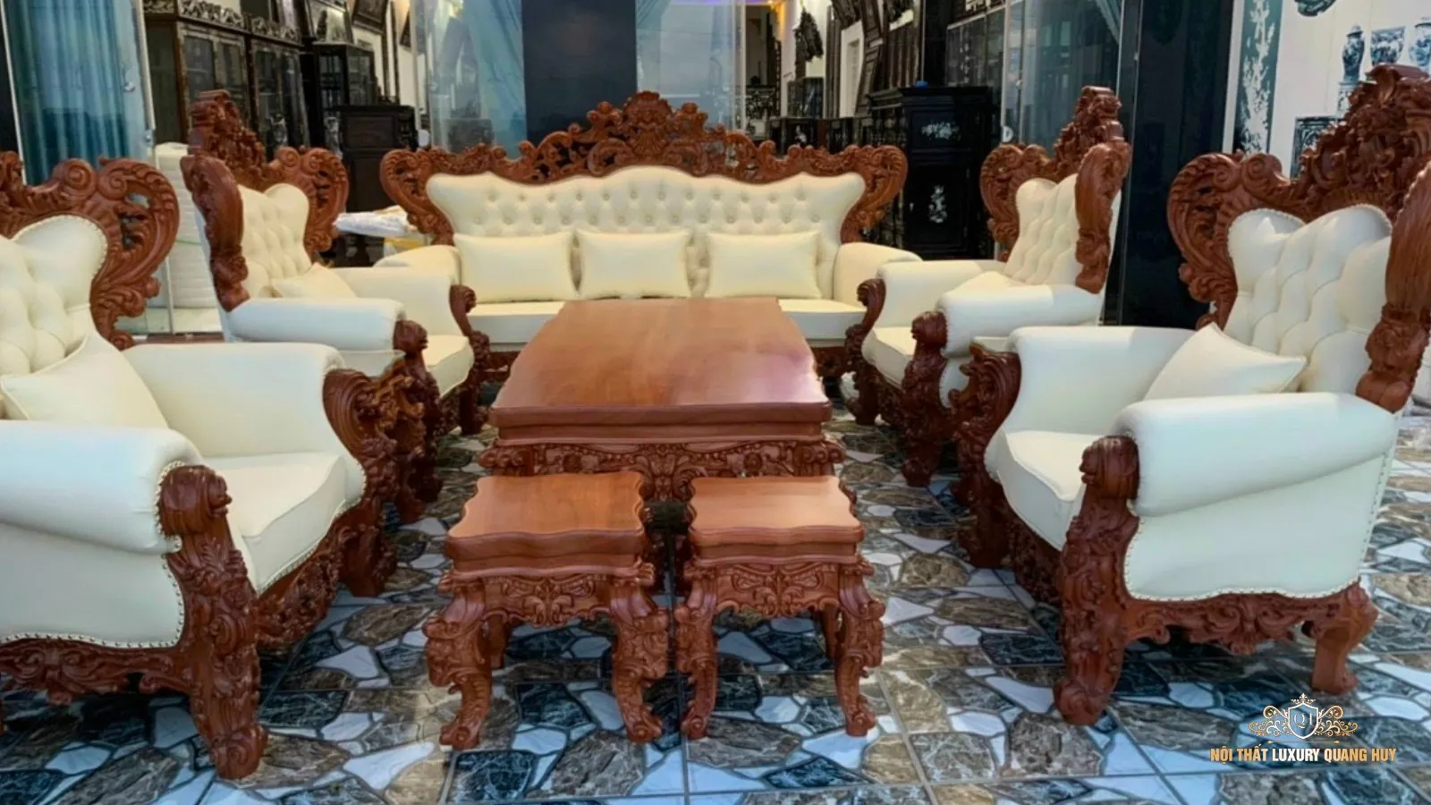 Bộ bàn ghế gỗ cao cấp 10 món kết hợp đệm da bò Ý sang trọng