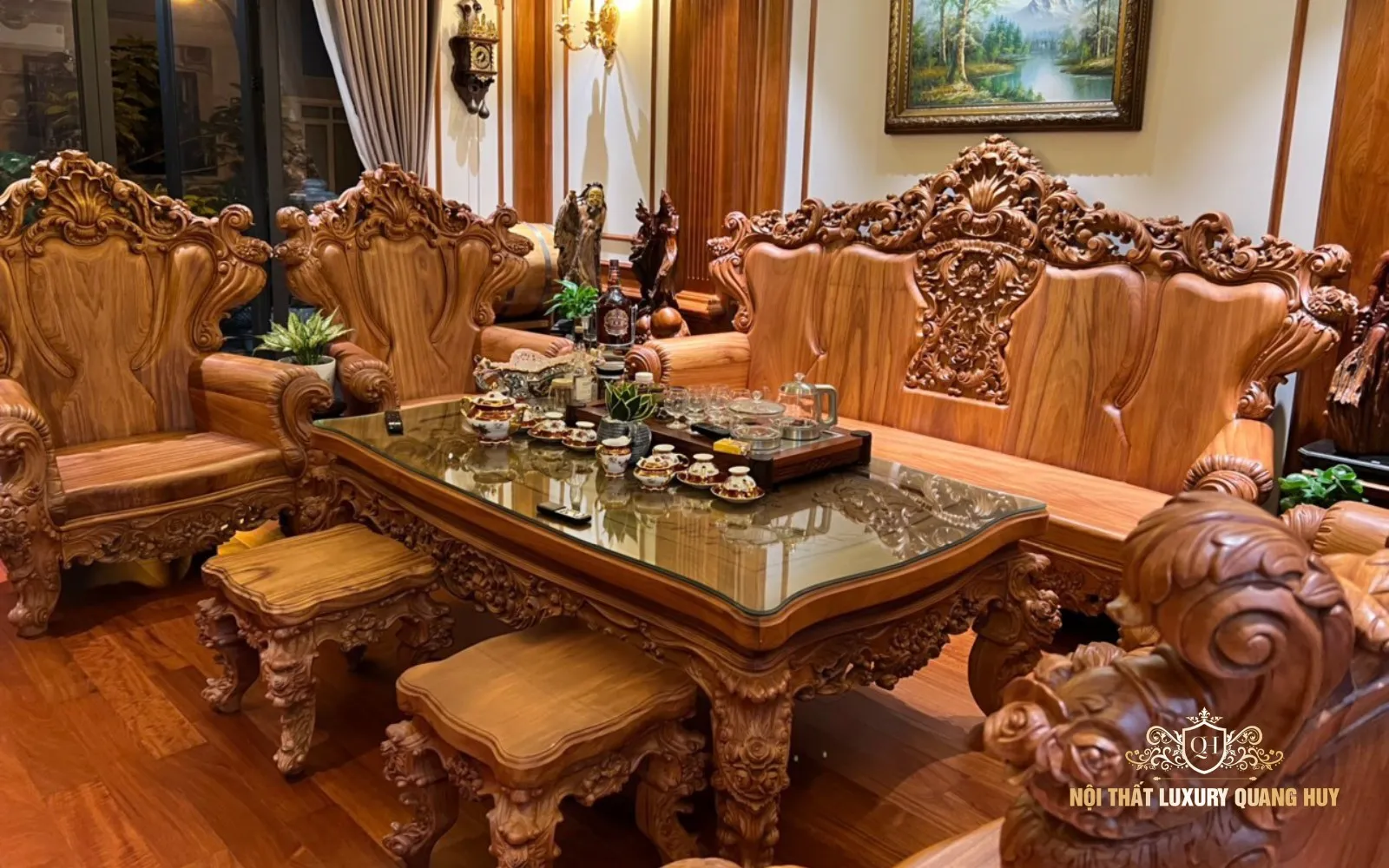 Toàn cảnh bộ bàn ghế hoàng gia 10 món gỗ gõ đỏ