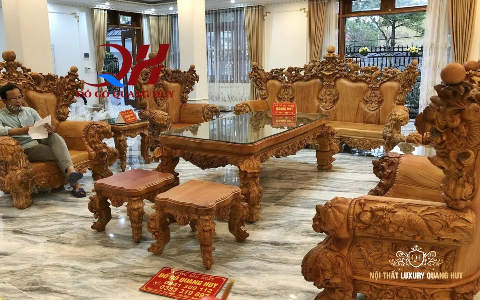 Bộ bàn ghế gỗ cao cấp mẫu cá chép tài lộc chạm khắc tinh tế