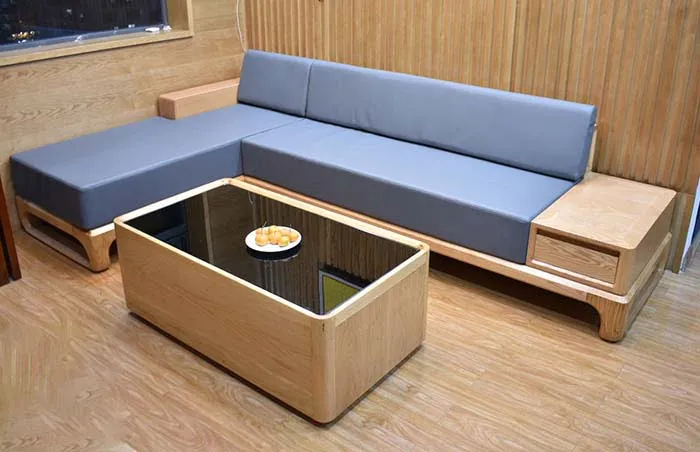 Bộ sa lông gỗ sồi hiện đại, đường nét vuông vắn, thích hợp cho căn hộ chung cư