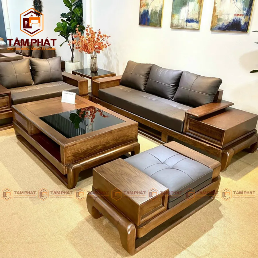 Bộ bàn ghế sofa gỗ phòng khách gồm hai văng dài kiểu đùi gà bằng gỗ sồi