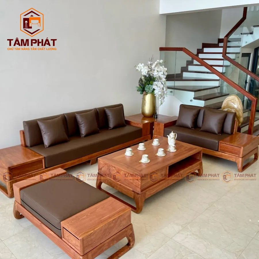 Bộ bàn ghế sofa gỗ phòng khách hai văng bằng gỗ hương đá
