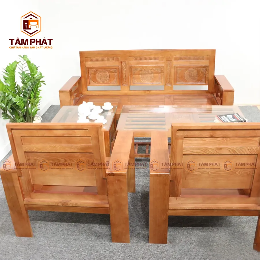 Bộ bàn ghế sofa gỗ sồi chạm phù quý với đường nét tinh xảo