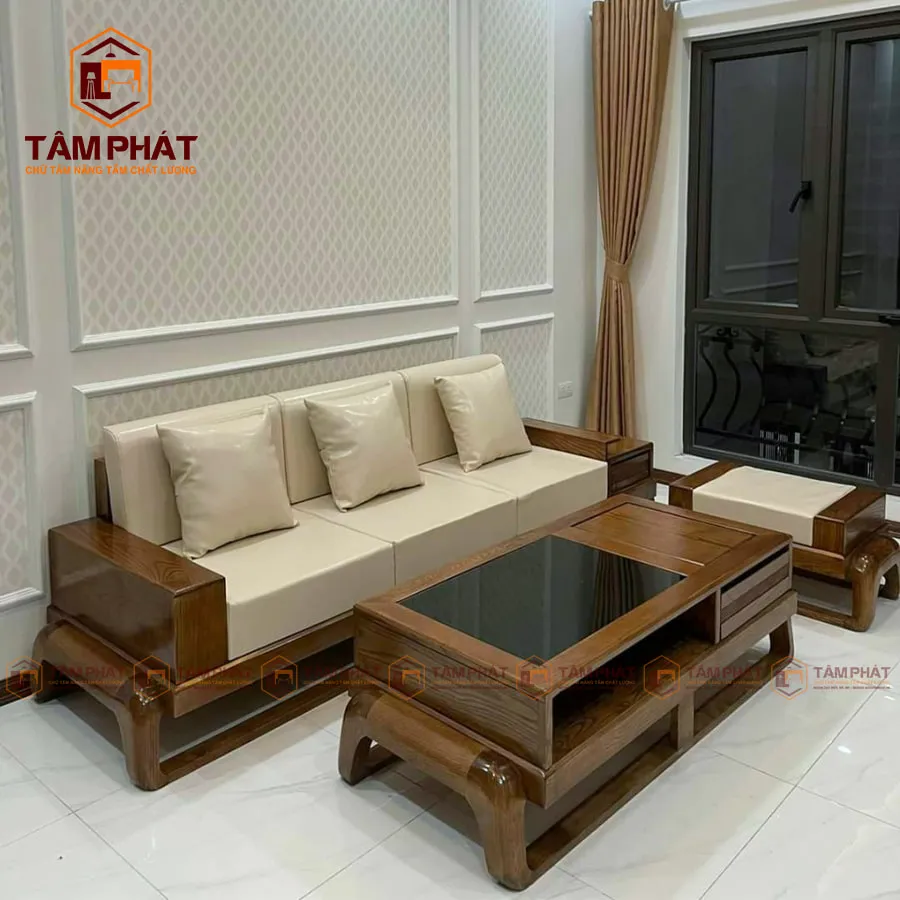 Bộ bàn ghế sofa góc tay vịn kiểu đùi gà gỗ sồi màu óc chó hiện đại
