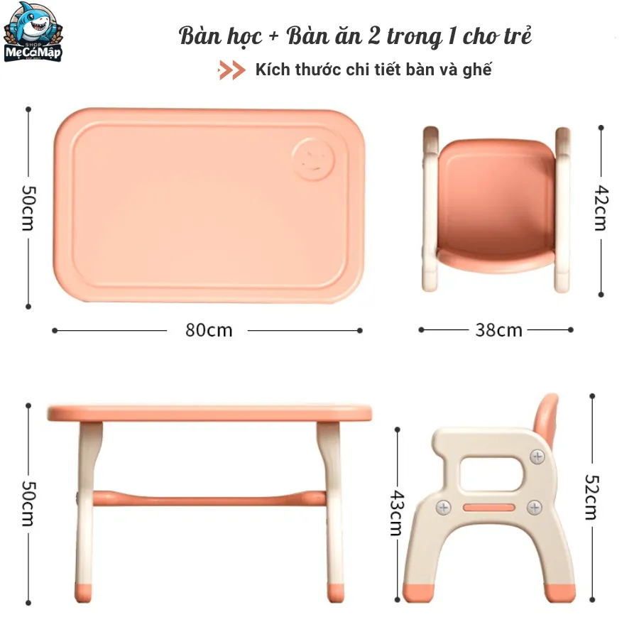 Bộ bàn ghế trẻ em Pakey 2in1 màu hồng nhạt, thiết kế tối giản