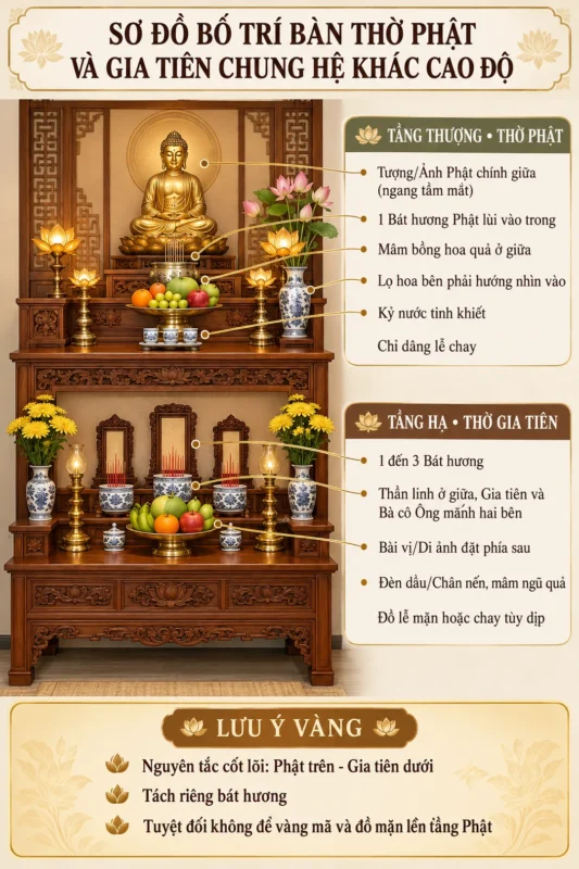 Bộ bàn thờ Phật và gia tiên chung hệ nhưng khác cao độ