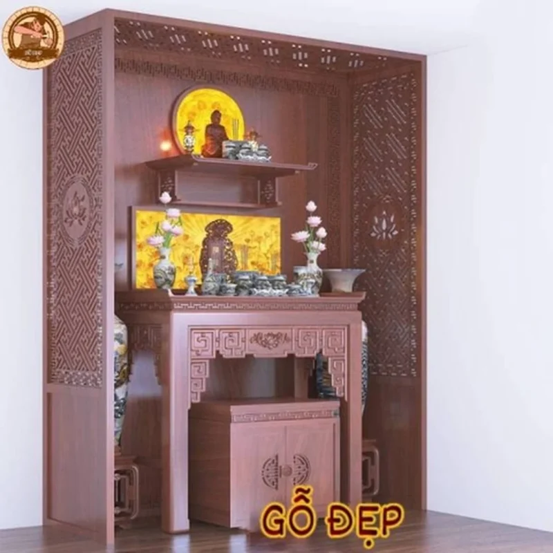 Bộ bàn thờ Phật và gia tiên chung hệ nhưng khác cao độ