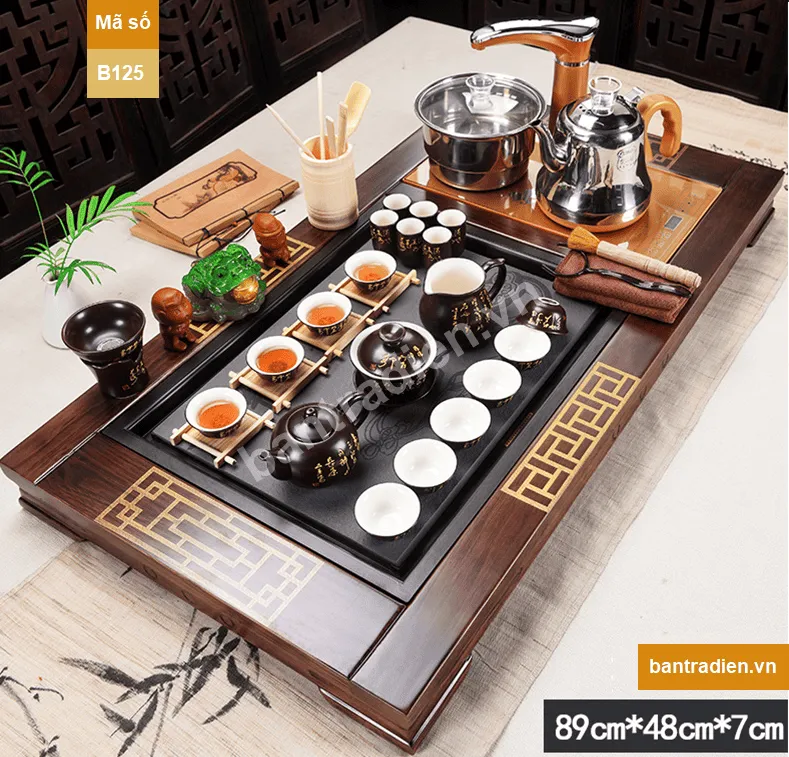 Bàn trà điện thông minh gỗ mặt đá B125