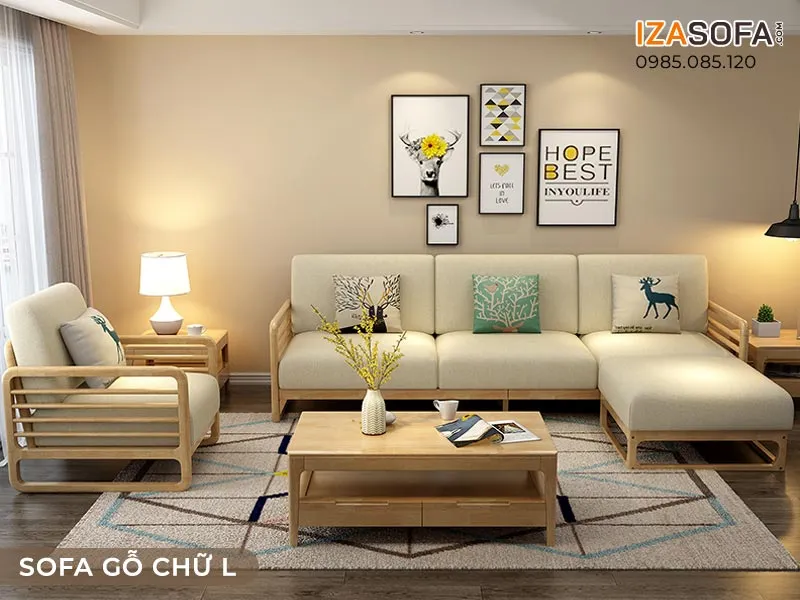Sofa gỗ chữ L thiết kế cho không gian chung cư hiện đại