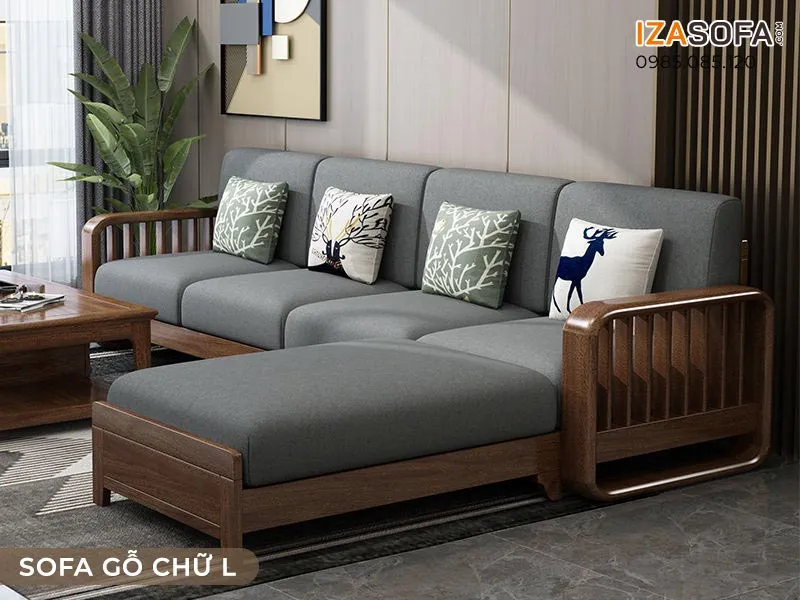 Bộ ghế gỗ chữ L màu nâu trầm sang trọng, tối giản