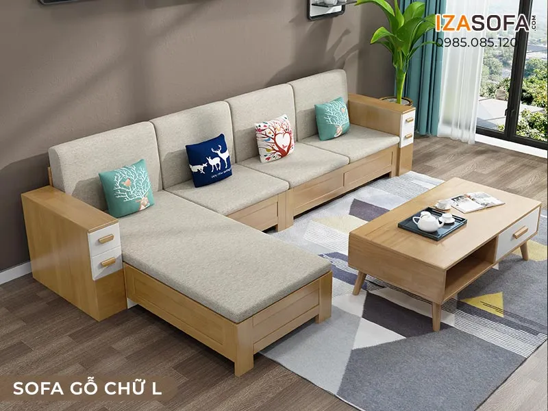 Mẫu sofa gỗ chữ L đẹp có ngăn kéo lưu trữ tiện lợi