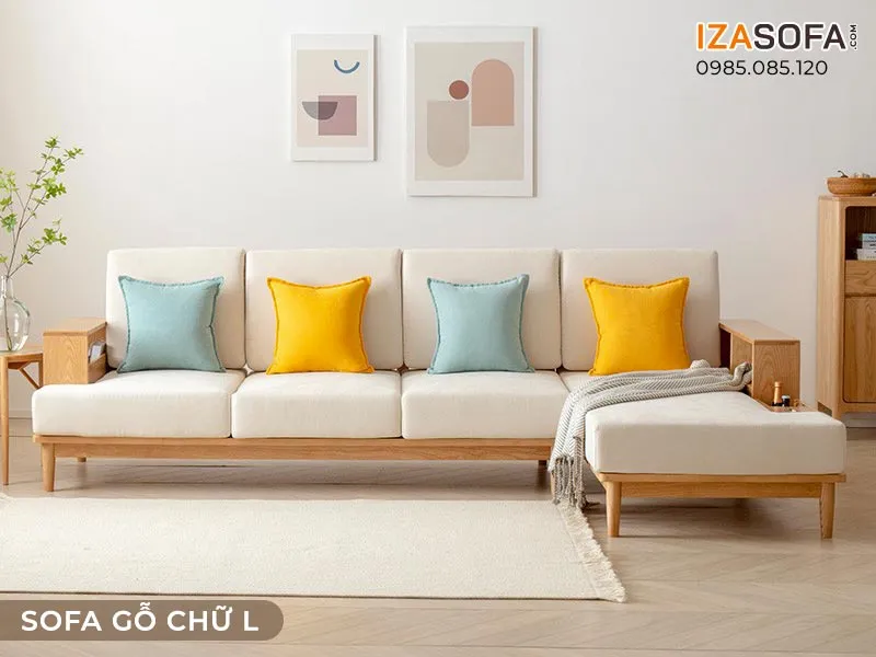 Bộ ghế sofa gỗ chữ L với bàn trà mặt kính