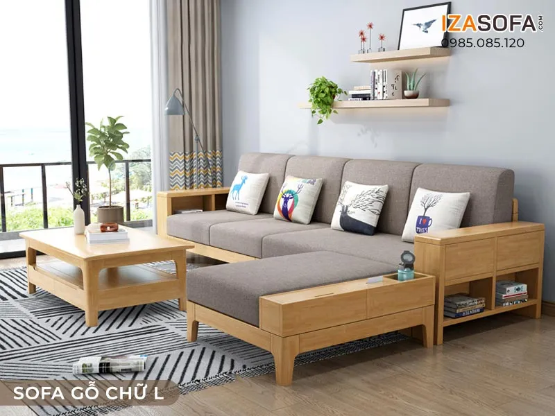 Toàn cảnh bộ ghế sofa gỗ chữ L kích thước lớn