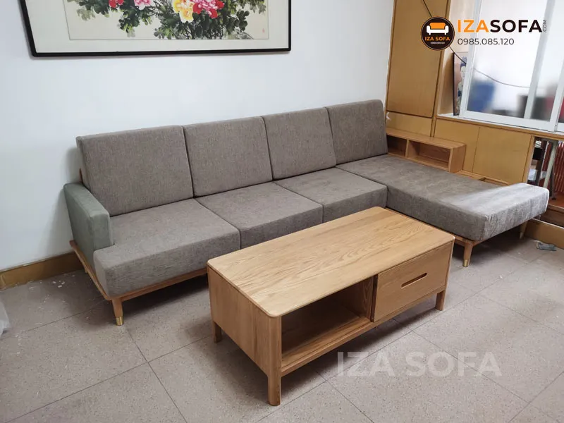 Sofa gỗ góc chữ L đẹp kèm bàn trà mặt đá