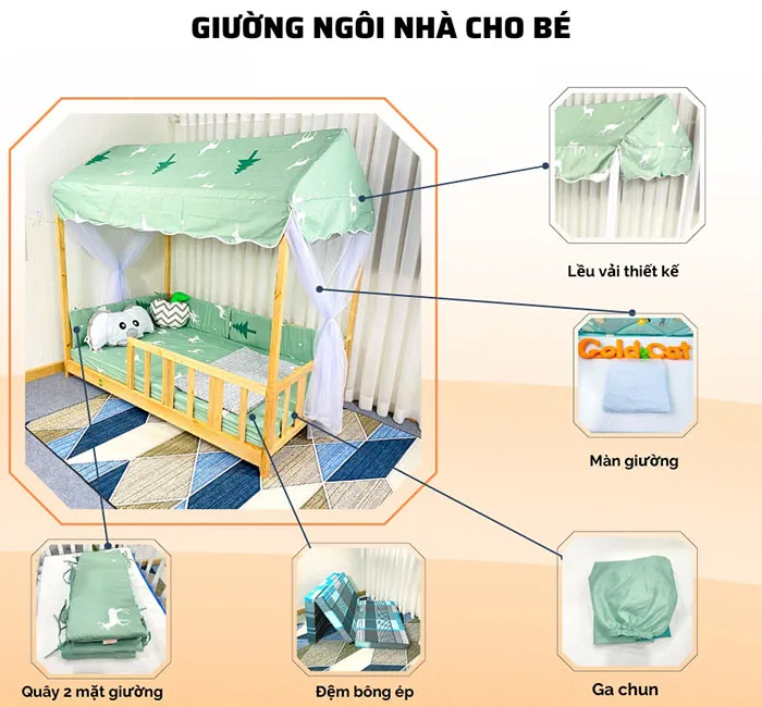 Giường ngủ hình ngôi nhà gỗ thông tự nhiên màu gỗ tự nhiên