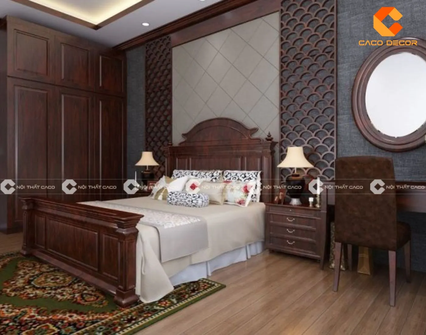 Bộ giường tủ gỗ tự nhiên phong cách cổ điển nổi bật với chi tiết chạm khắc