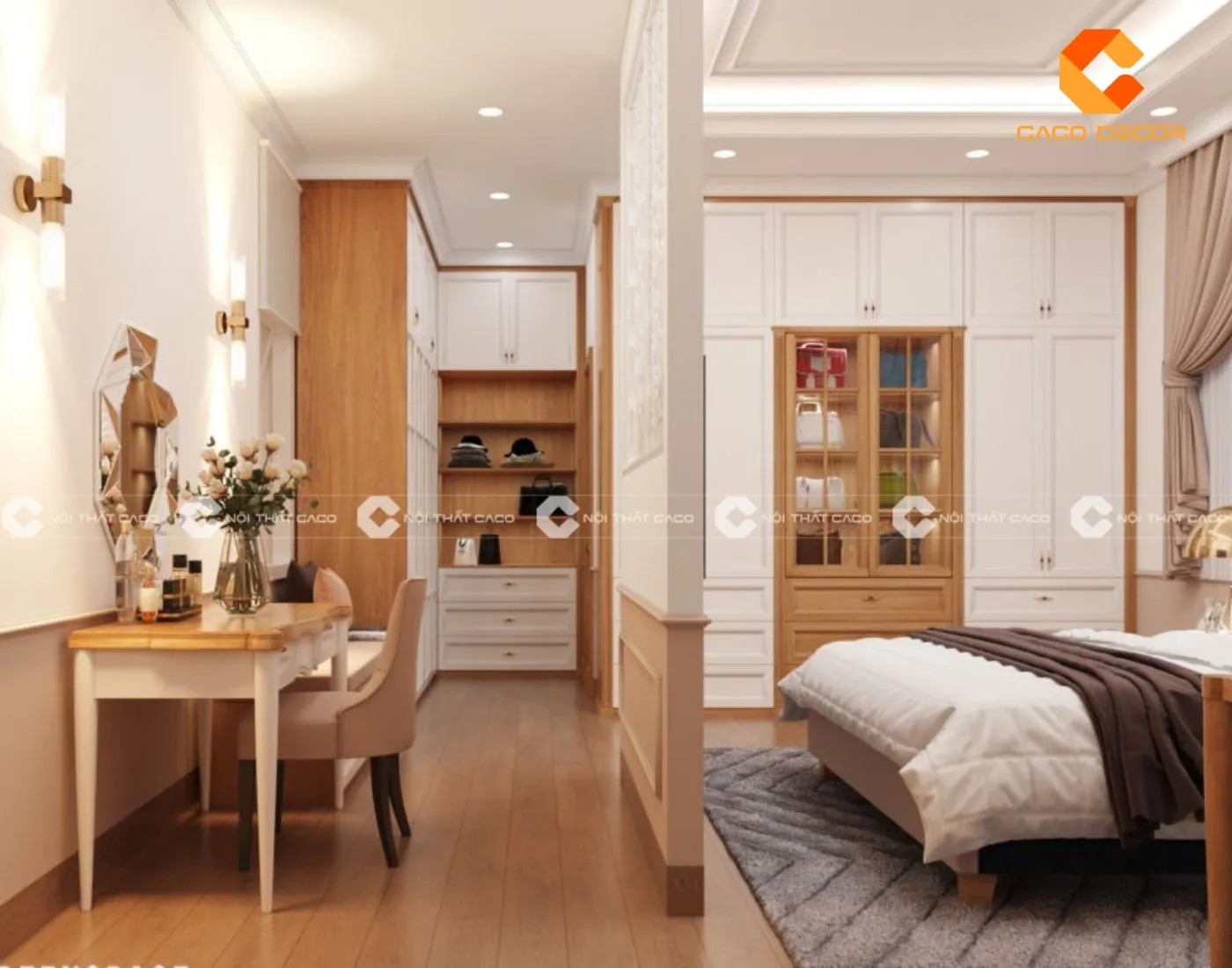 Bộ giường tủ gỗ tự nhiên màu trắng phong cách tân cổ điển thanh lịch