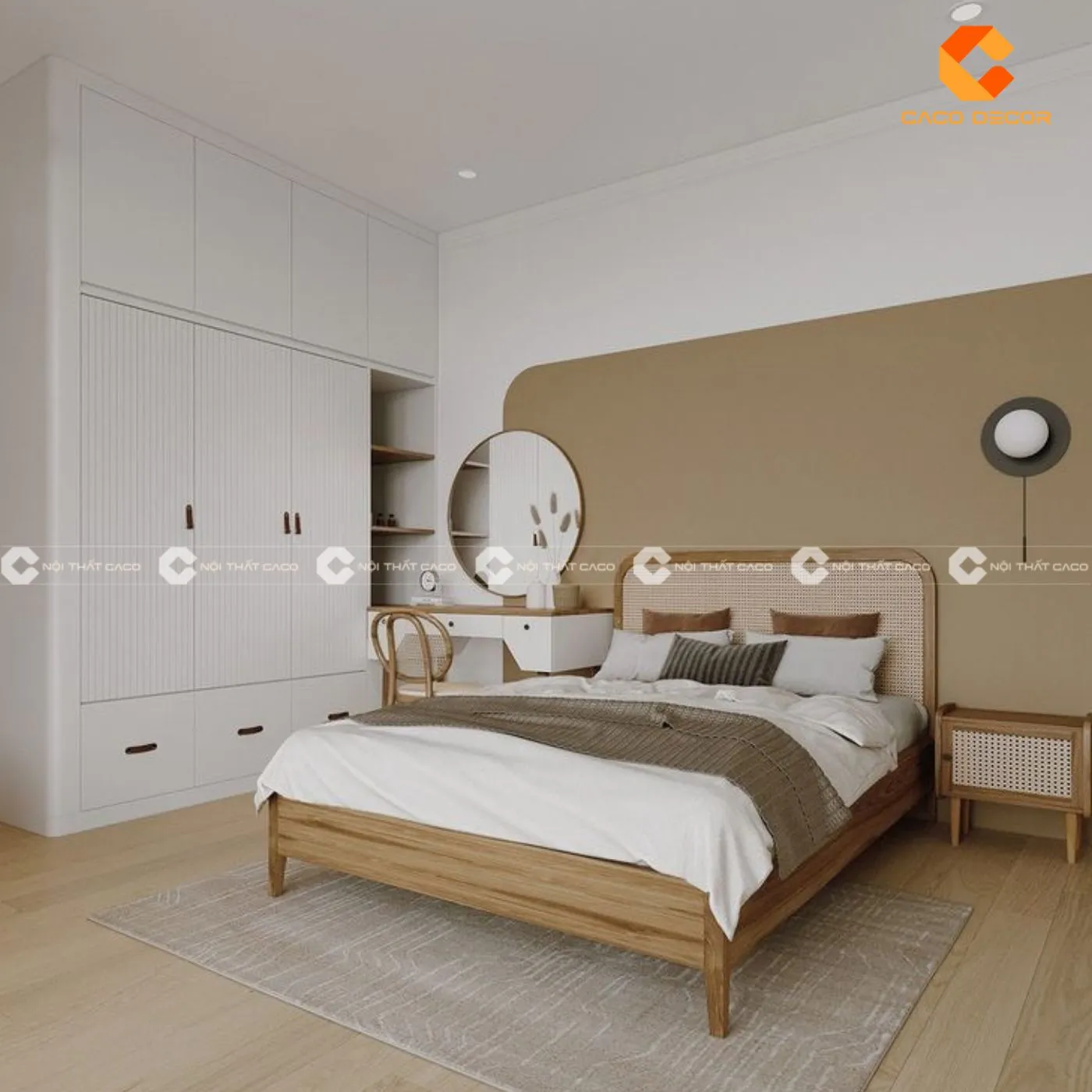 Bộ giường tủ gỗ tự nhiên phong cách Scandinavia tối giản hóa không gian và dùng tông sáng