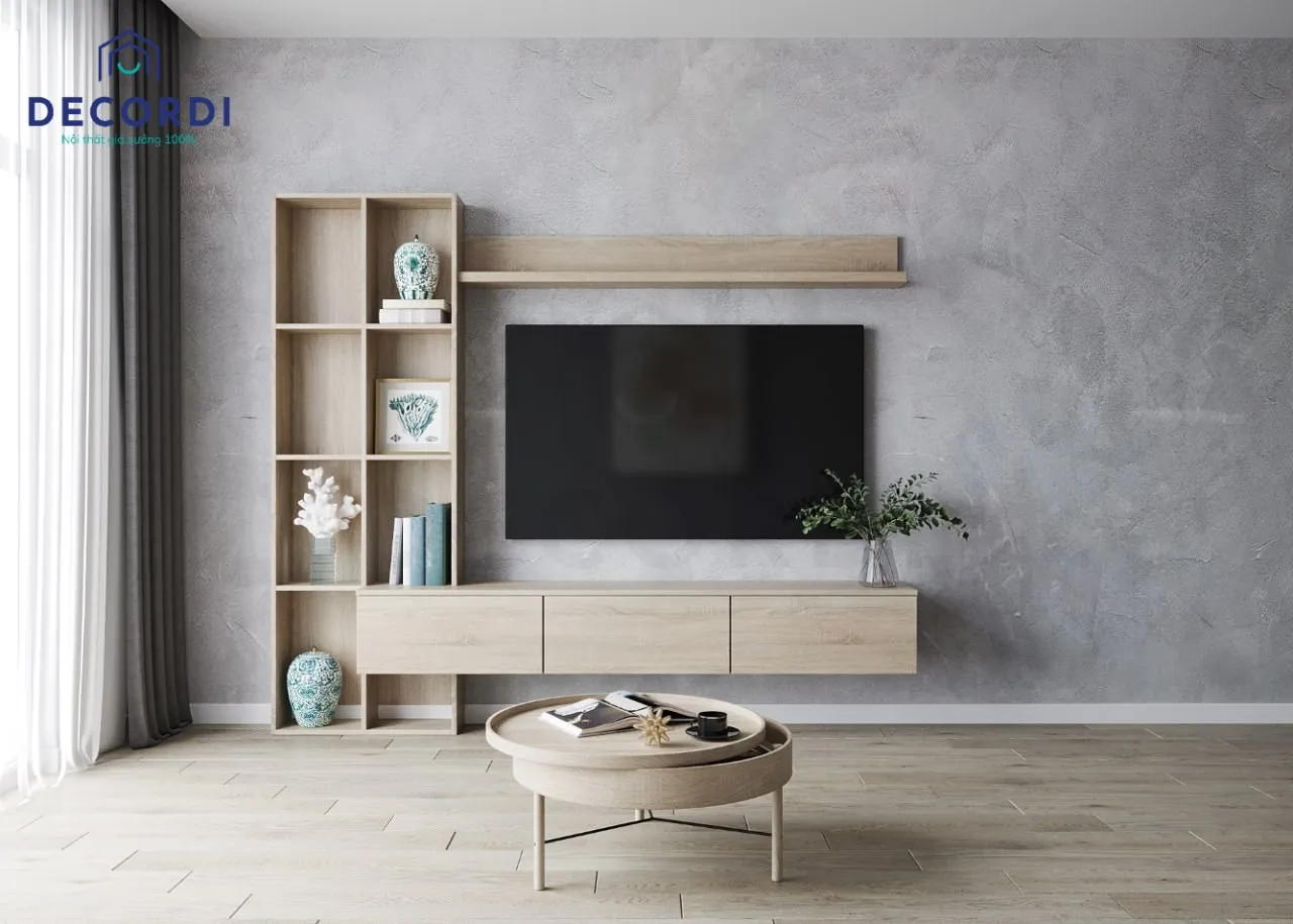 Kệ tivi treo tường tích hợp tủ trang trí, phong cách tân cổ điển cho biệt thự