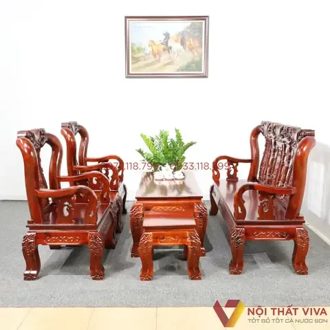 Bộ sa lông gỗ Tràm mặt Xoan Đào tay 10 chạm Đào tinh tế