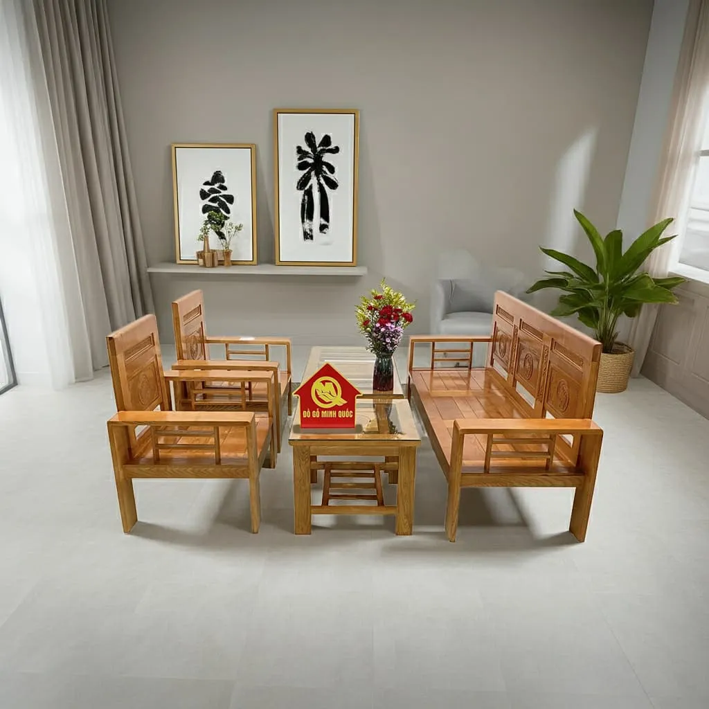 Bộ sofa tựa thẳng gỗ sồi, mẫu bàn ghế phòng khách giá rẻ bền đẹp