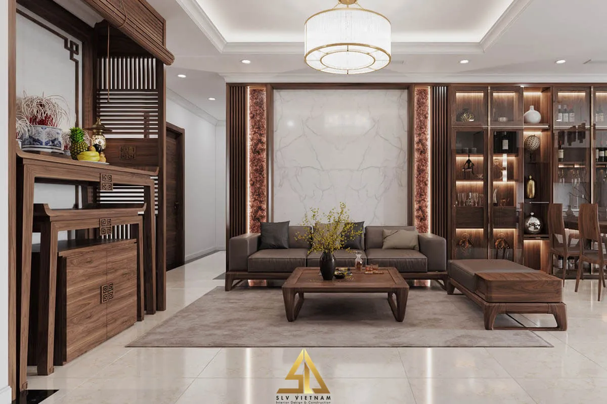 Mẫu 4: Bố trí bàn thờ gỗ cao cấp có vách ngăn trong phòng khách sang trọng