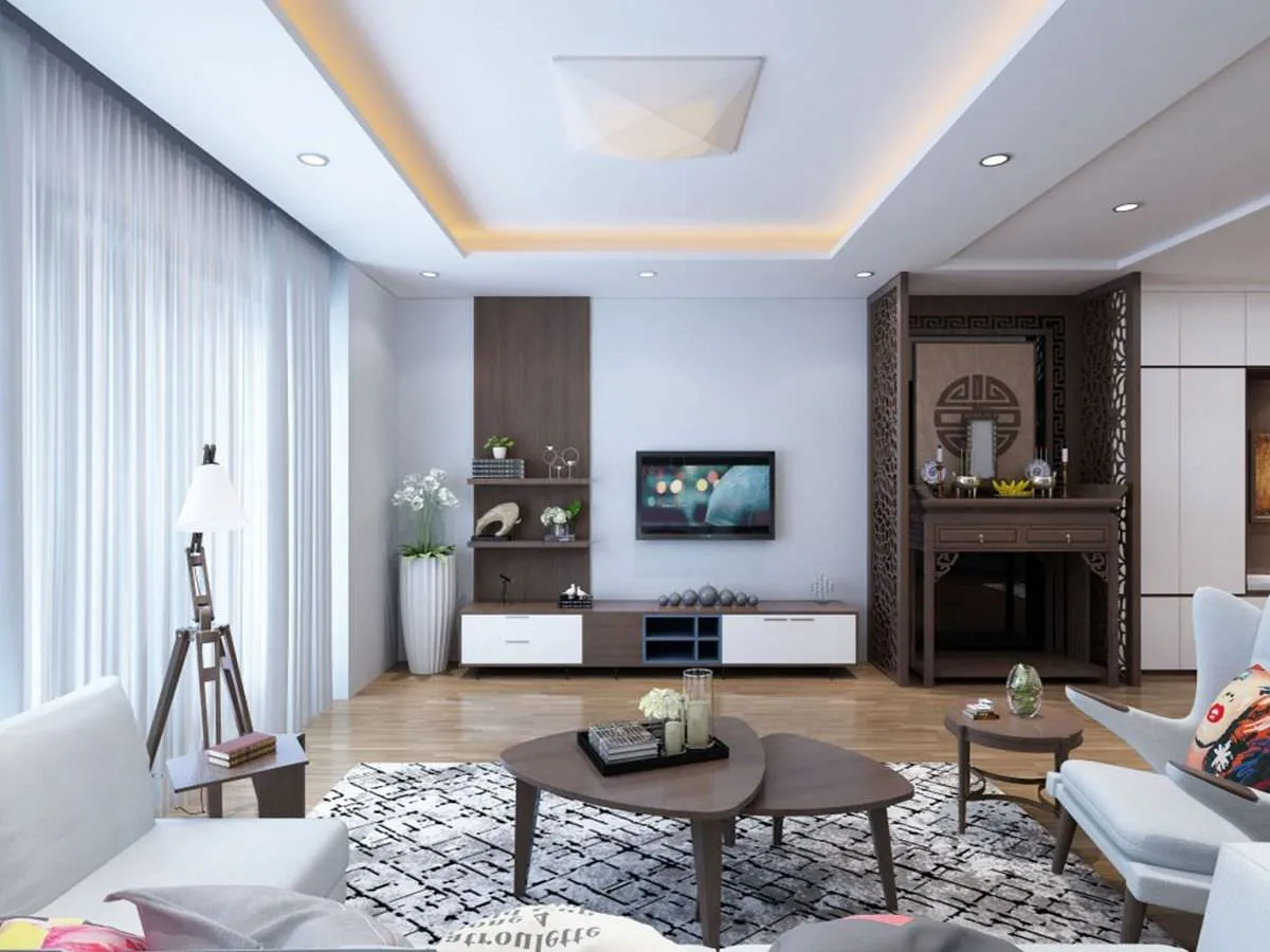 Bố trí màu sắc nội thất phòng khách có tủ thờ hài hòa, cân đối