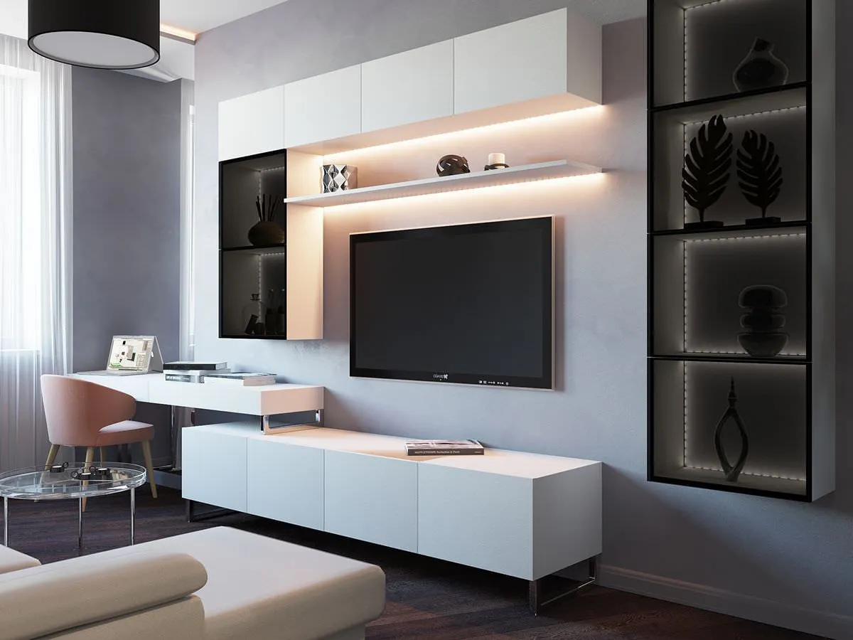 Mẫu kệ tivi kèm bàn học cho phòng ngủ bạn gái dễ thương