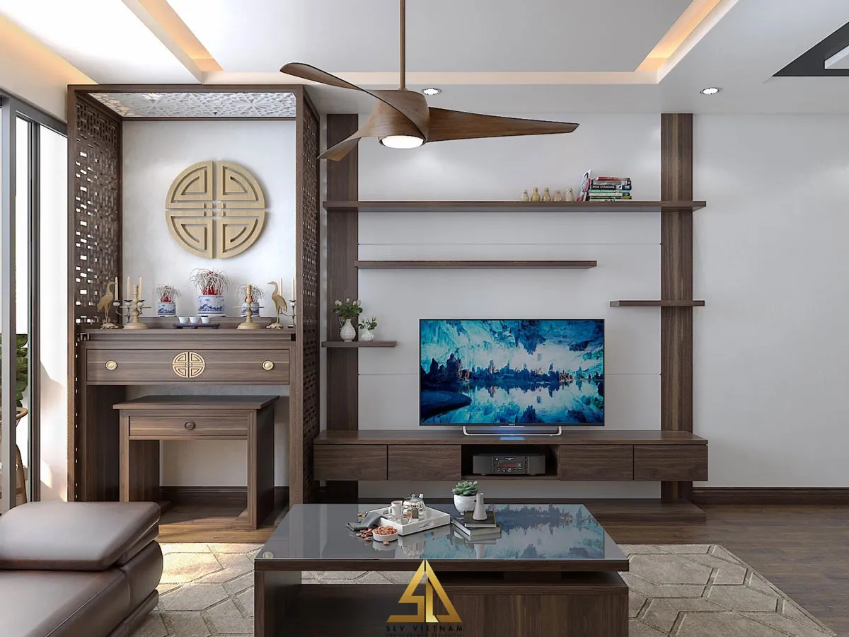 Mẫu 3: Bố trí phòng khách có phòng thờ chung cư khoa học