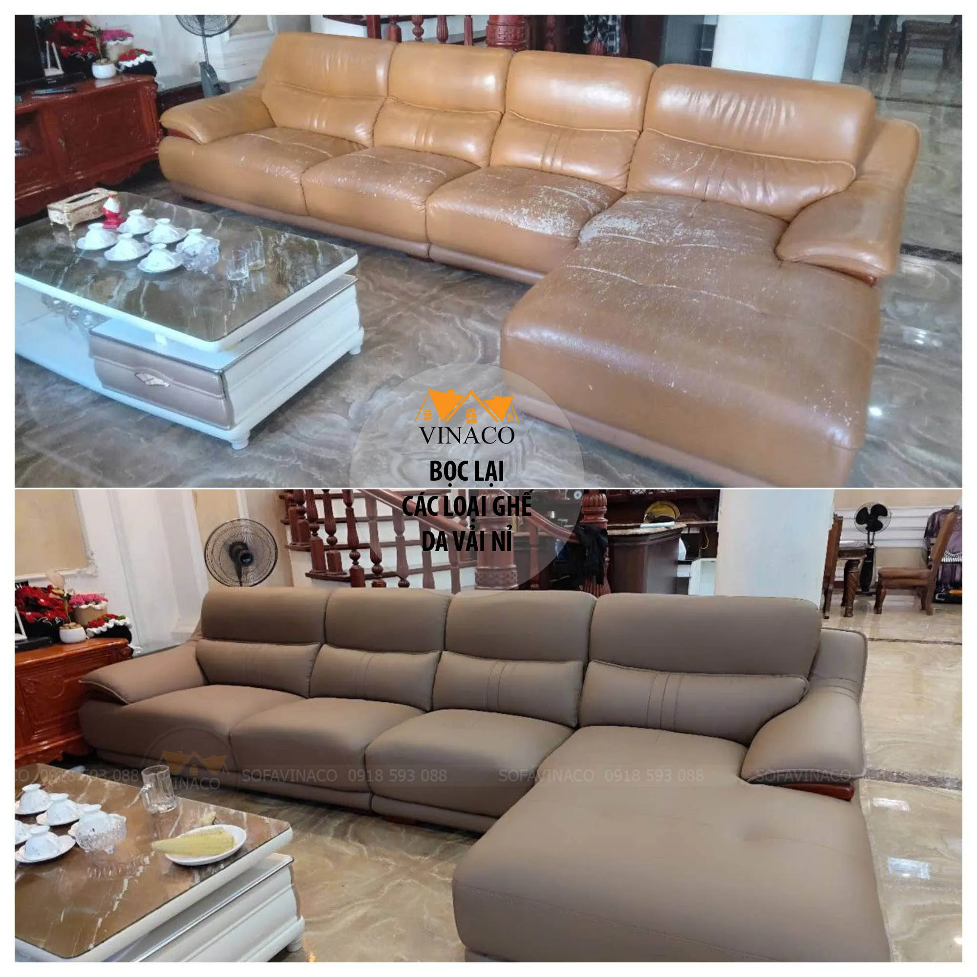 Bộ ghế sofa trước và sau khi may vỏ bọc và bọc lại ghế tại nhà Hà Nội