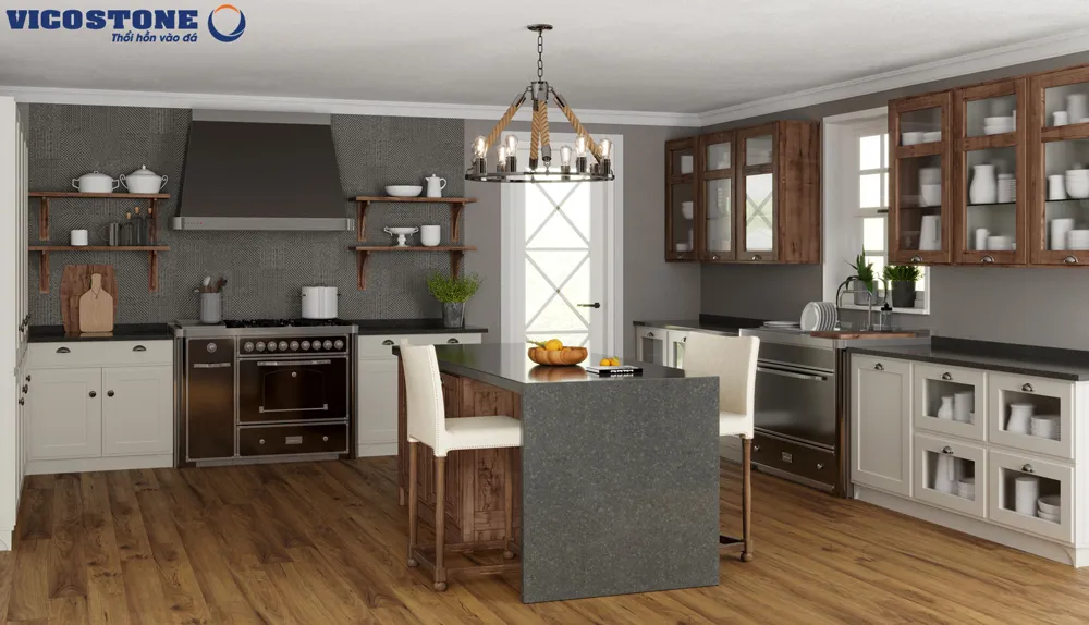 Phòng khách vintage với gỗ sồi Nga tông nâu mật ong và ghế sofa vải lanh màu be