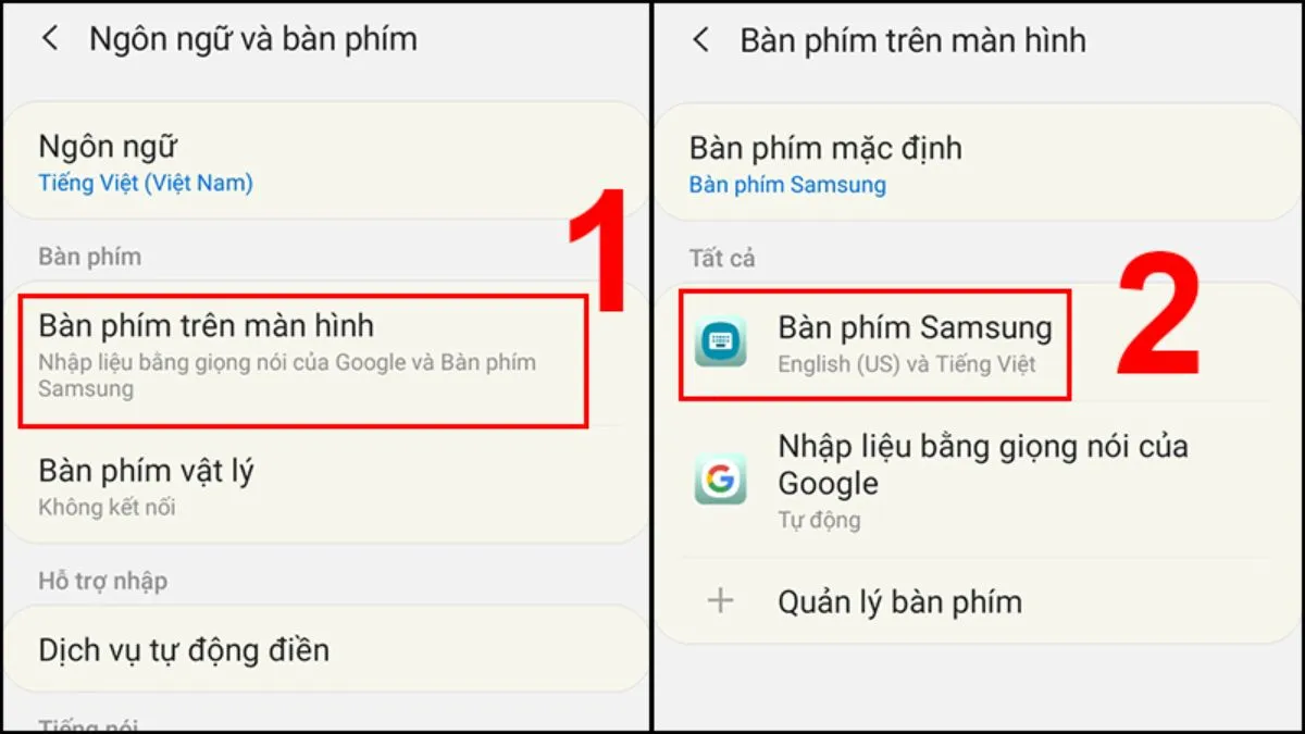 Giao diện chọn Bàn phím trên màn hình và Bàn phím Samsung để cài đặt