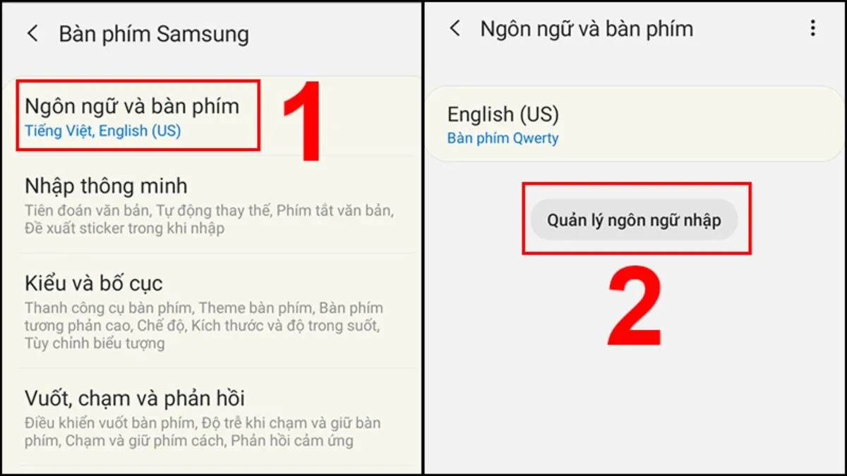 Chọn mục Ngôn ngữ và bàn phím trong cài đặt Bàn phím Samsung