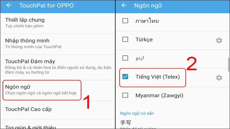 Bước 3 cài đặt bàn phím có dấu Oppo: Chọn Ngôn ngữ Tiếng Việt (Telex)