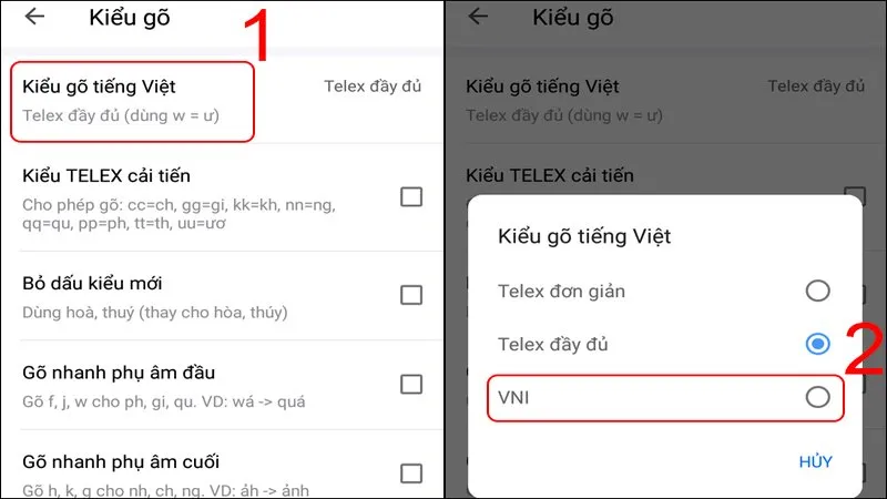 Chọn kiểu gõ Telex hoặc VNI theo ý muốn