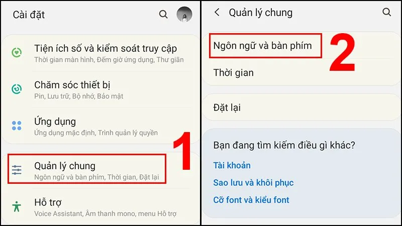 Bước 1 cài đặt bàn phím có dấu Samsung: Truy cập Cài đặt và Quản lý chung