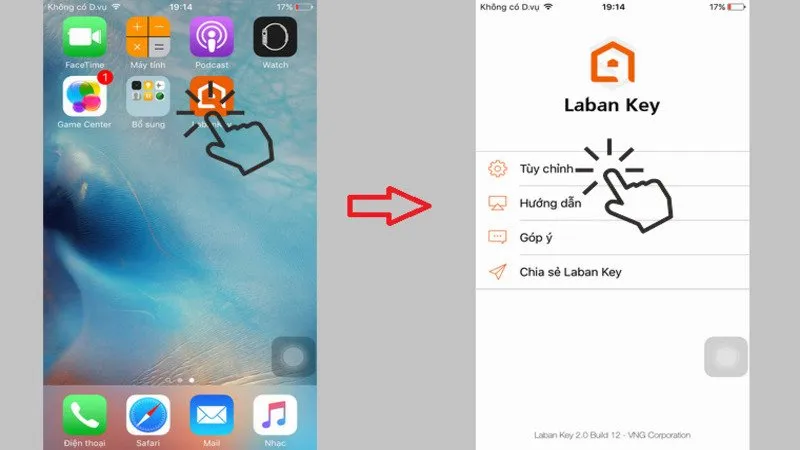 Bước 2 cài đặt Laban Key iOS: Truy cập Tùy chỉnh và chọn kiểu gõ