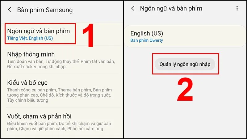 Bước 3 cài đặt bàn phím có dấu Samsung: Vào Quản lý ngôn ngữ nhập