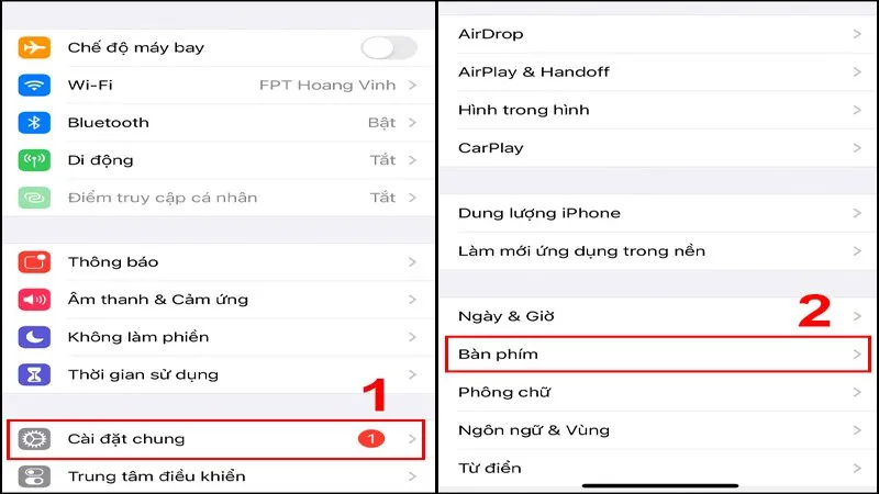 Bước 1 cài đặt bàn phím có dấu iPhone: Truy cập Cài đặt chung và Bàn phím