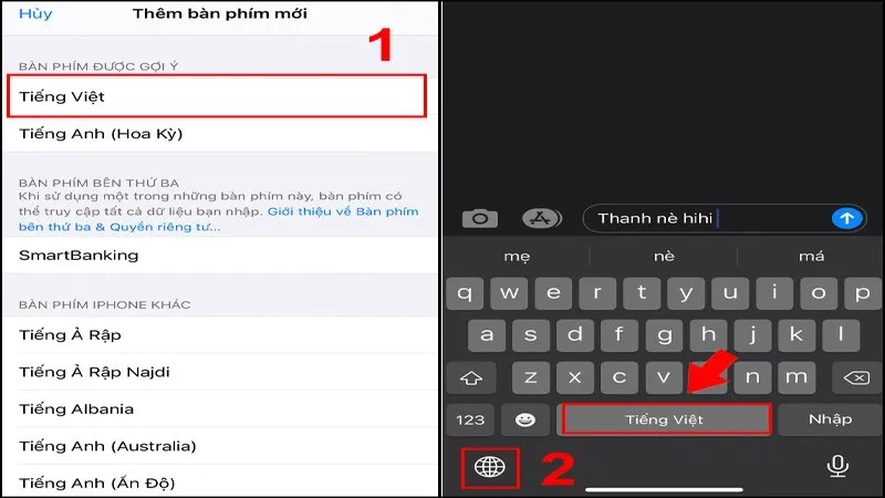 Bước 3 cài đặt bàn phím có dấu iPhone: Chọn Tiếng Việt